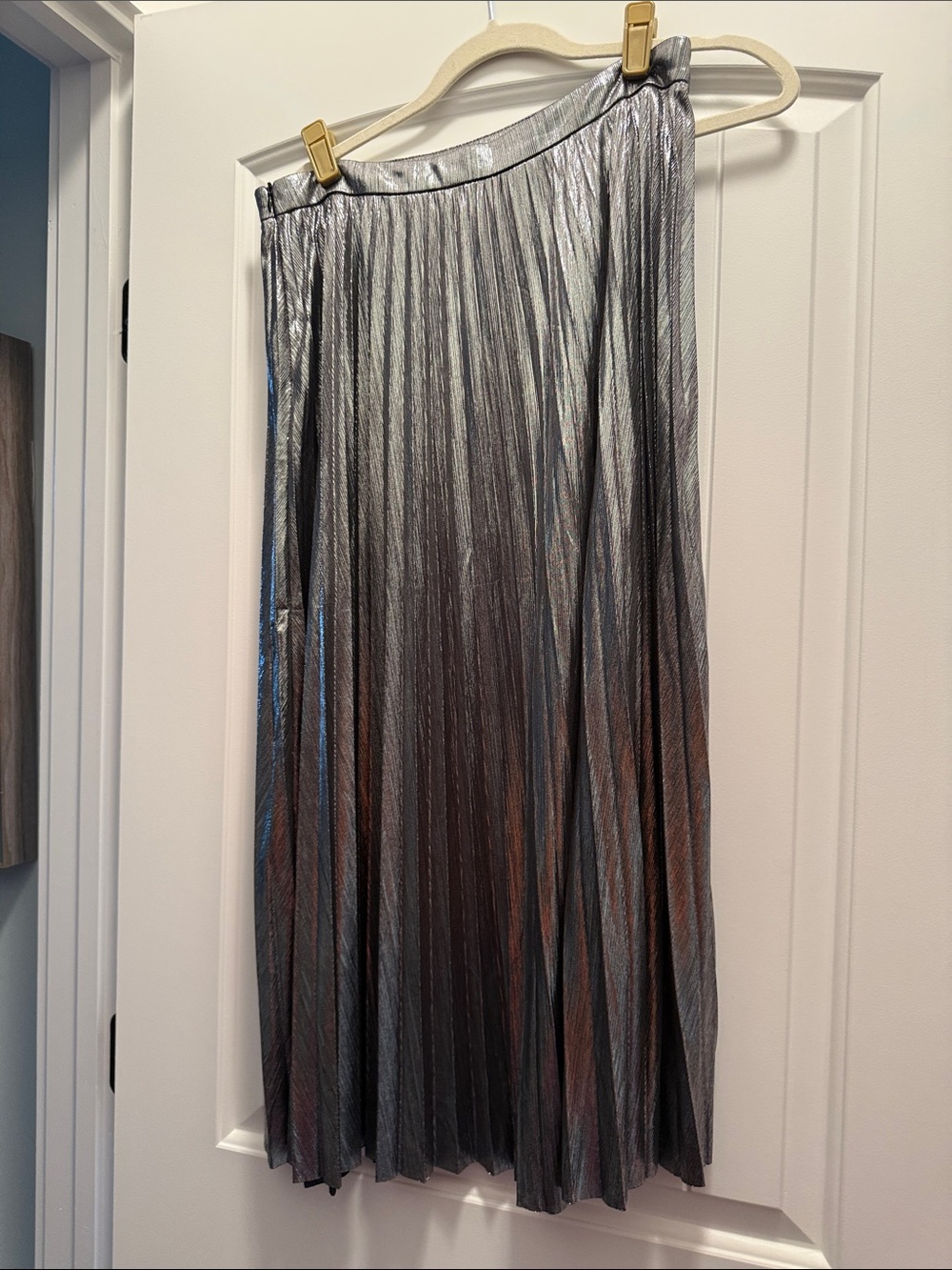 Flying Tomato Metallic Silver Pleated Midi Skirt